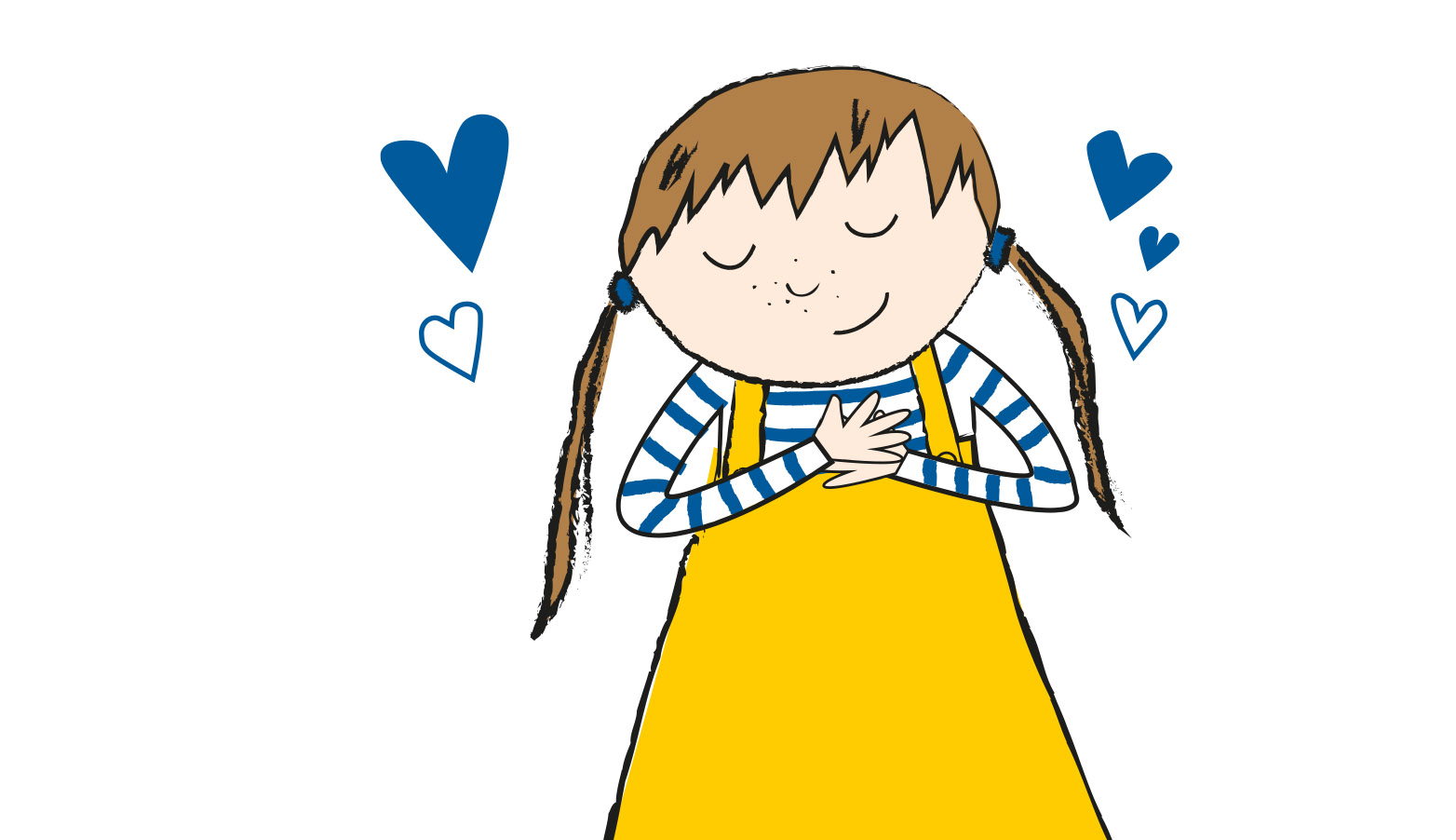 Illustration Kind im gelben Kleid und Ringelshirt mit Herzen
